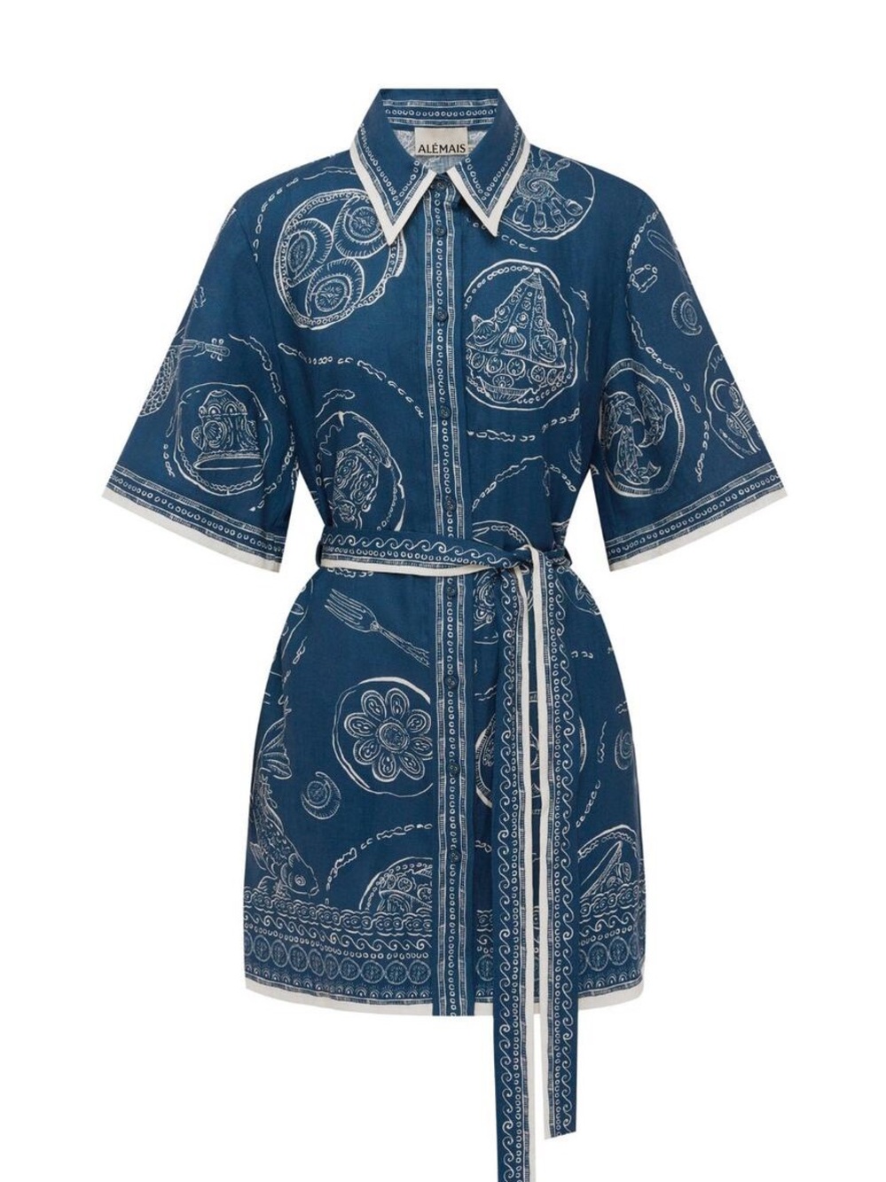 Alemais Navy Blue Paisley Shirt Mini Dress with Belt